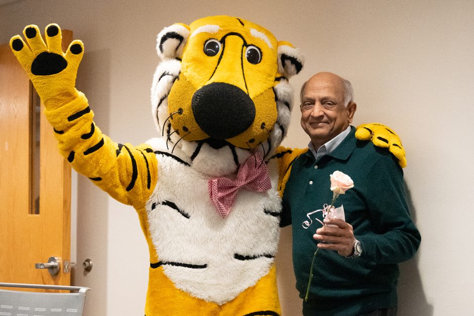 Truman the Tiger hands out Valentines Day flowers to students, faculty and staff across campus.