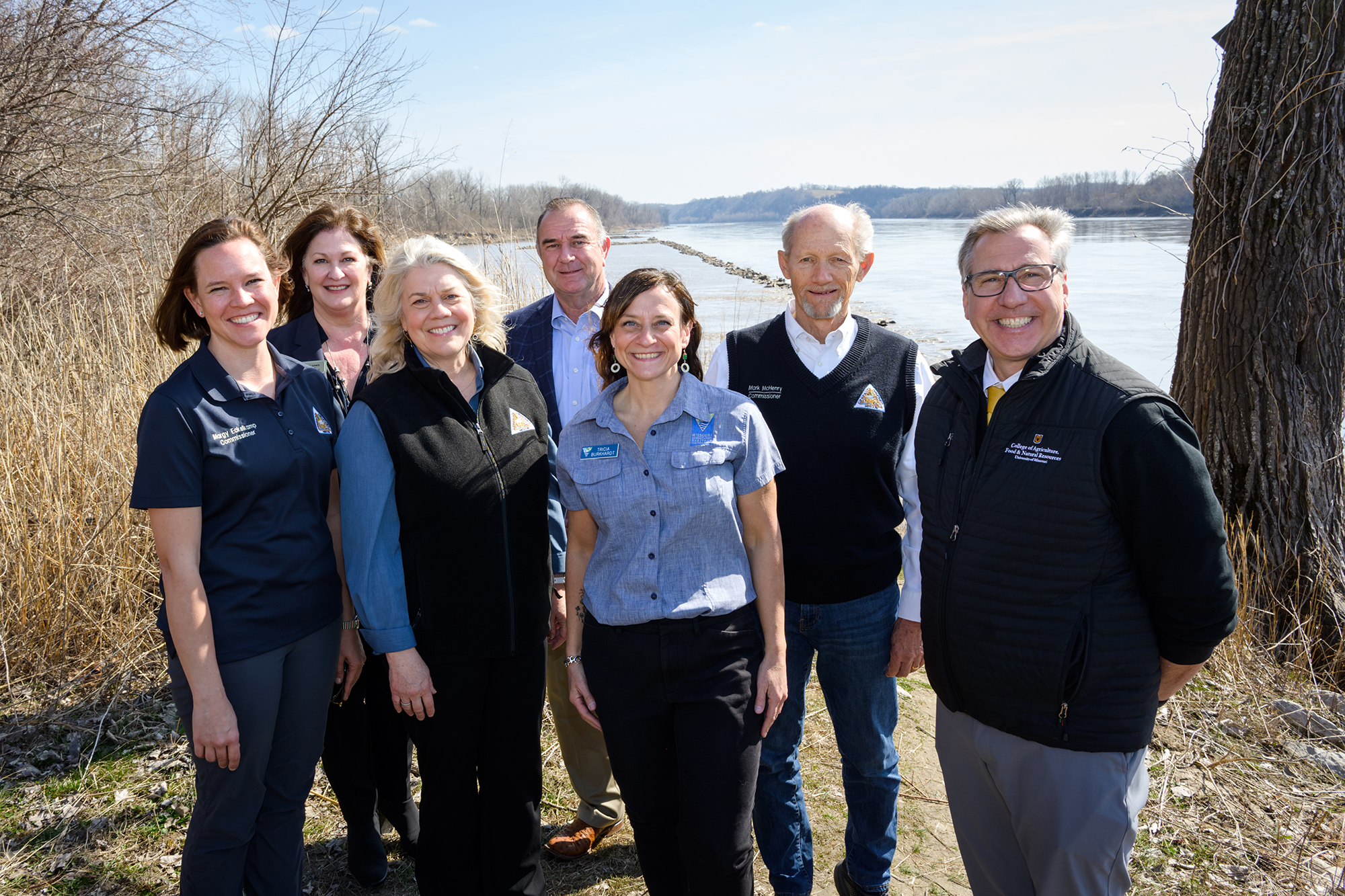 Group photo from left: From left: Margy Eckelkamp, Missouri Conservation commissioner; Jackie Lewis, vice chancellor for advancement; Sara Parker Pauley, director of the Missouri Department of Conservation; Missouri Lt. Governor Mike Kehoe; Tricia Burkhardt, executive director of the Missouri Conservation Heritage Foundation; Mark McHenry, Missouri Conservation commissioner; and Christopher Daubert, vice chancellor and dean of the College of Agriculture, Food and Natural Resources.