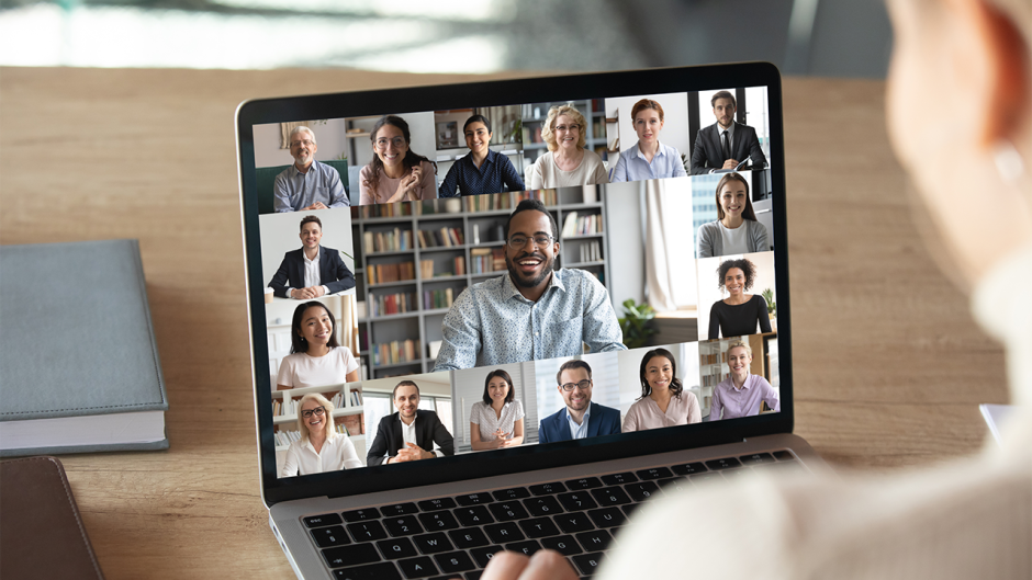 Person in a video conference with many coworkers.