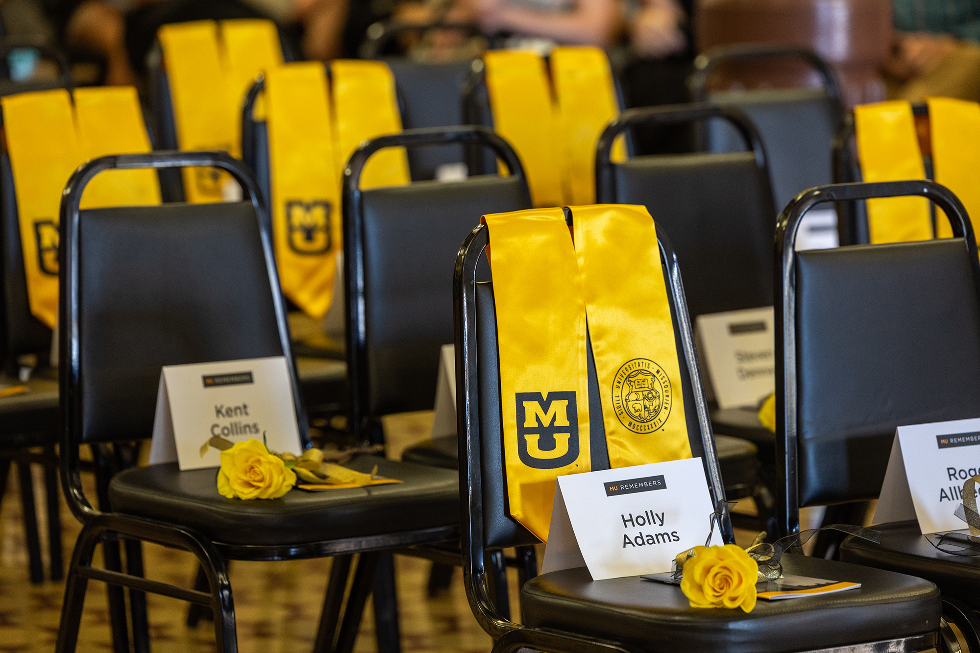empty chairs with yellow roses on them. some have yellow stoles as well