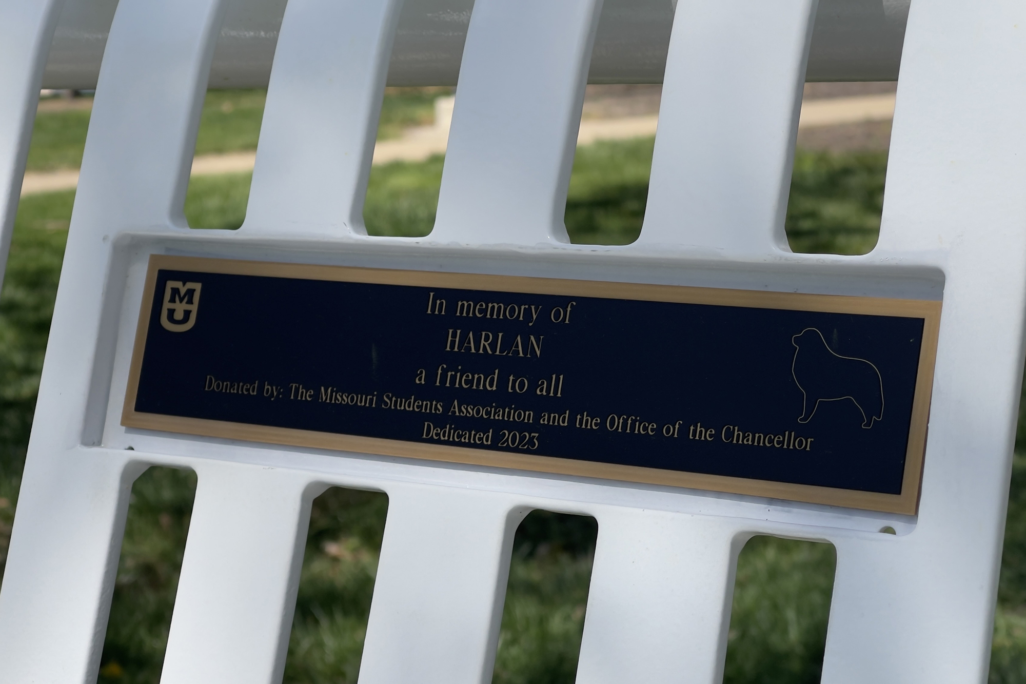 close-up of a plaque that says, "in memory of harlan. a friend to all. donated by: the missouri students association and the office of the chancellor. dedicated 2023"
