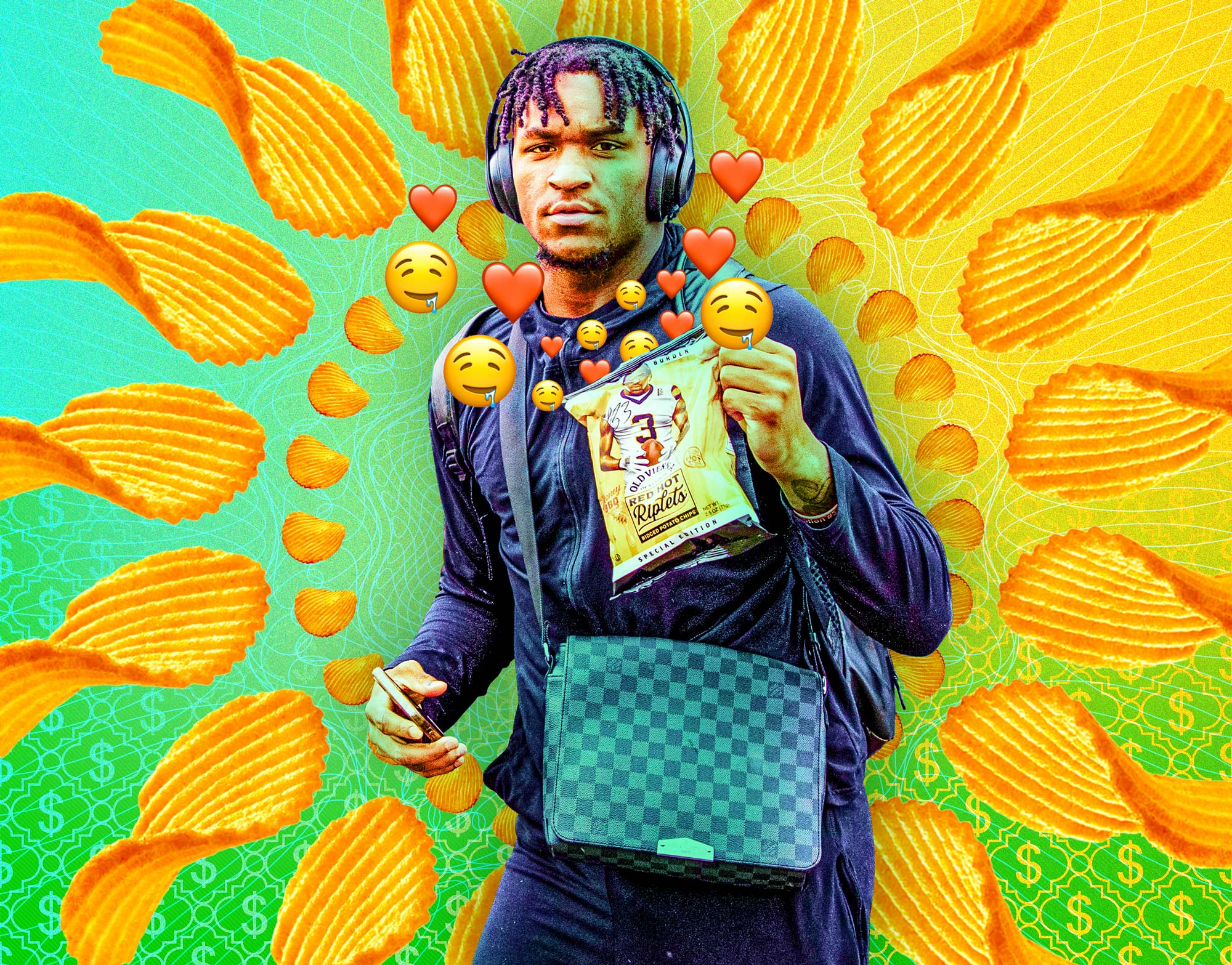 football player holding bag of potato chips
