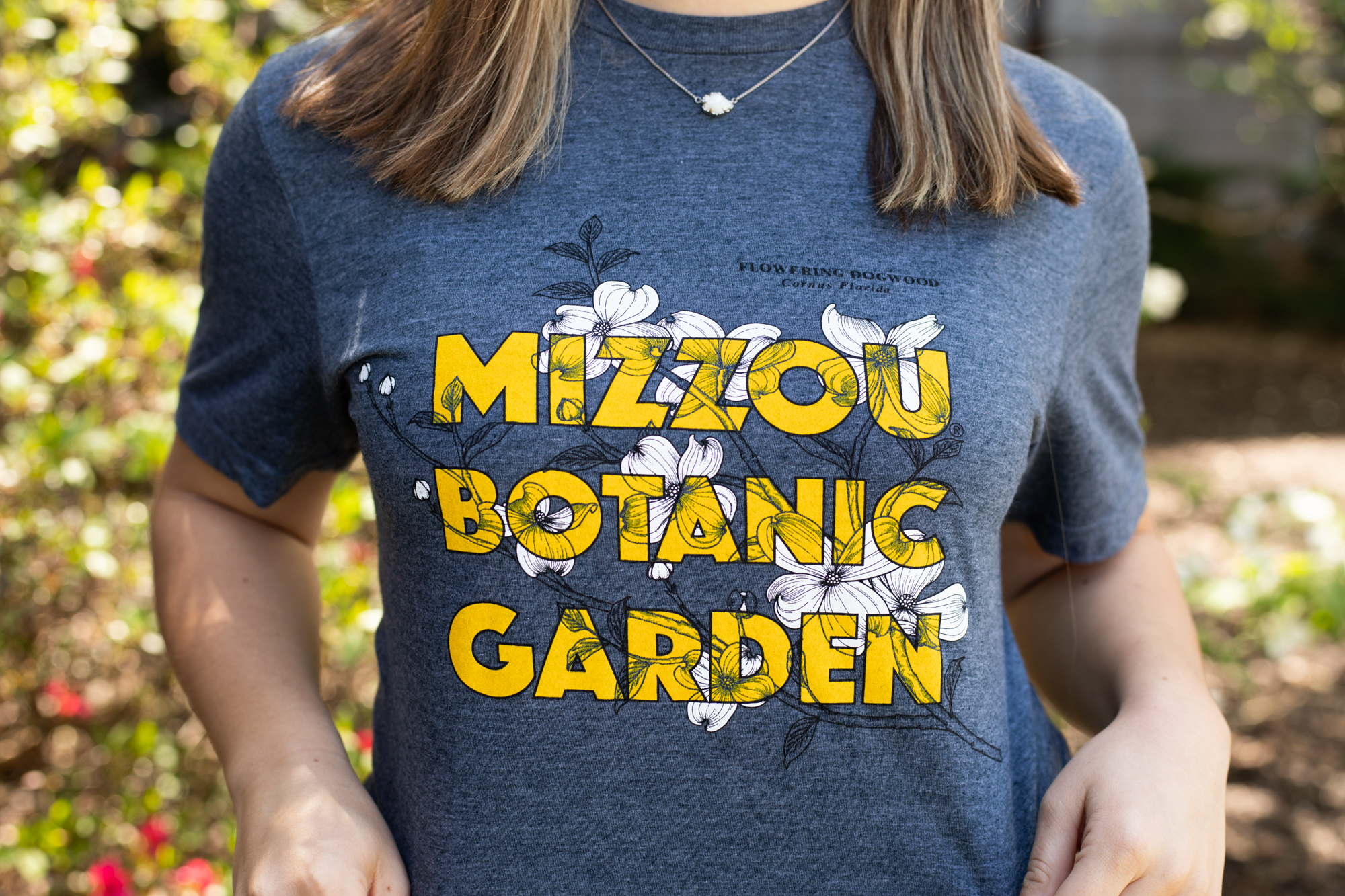 a grey mizzou botanic garden shirt with dogwoods on it
