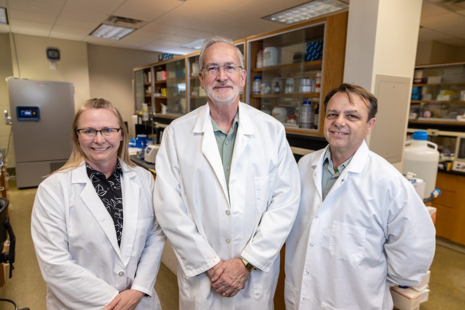 Kristin Whitworth, Randall Prather and Kevin Wells, scientists in the swine research center at Mizzou, stand for a picture in the lab.