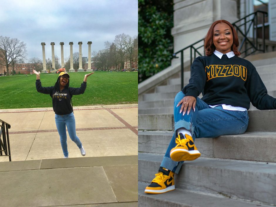 Two photos of Raynesha Green in front of Jesse Hall durring her frehsman and senior year.