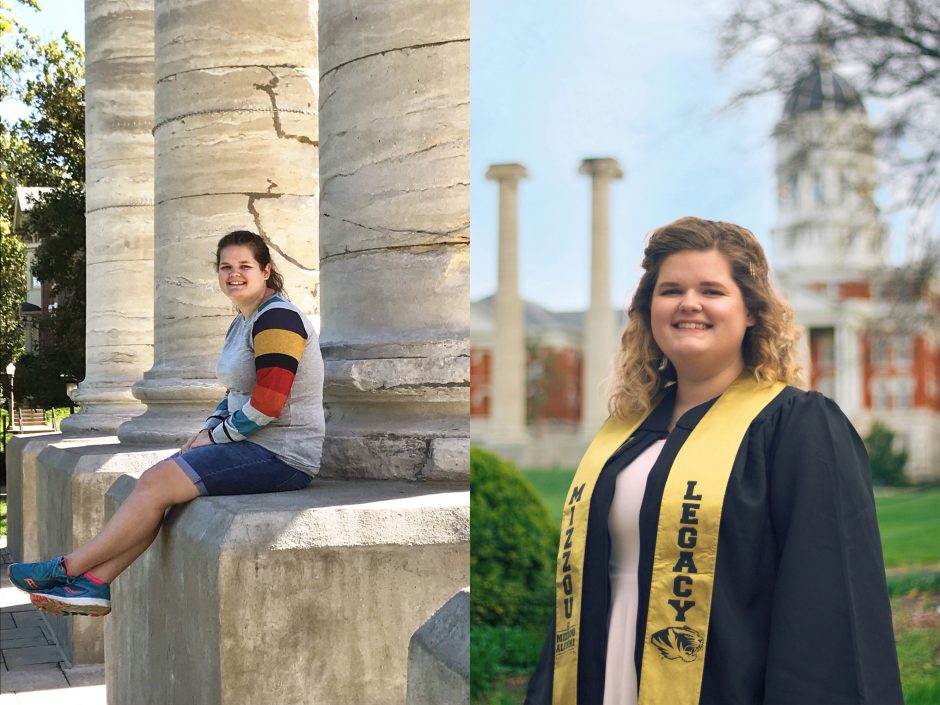 Two photos of Kate O'Russa outside of Jesse Hall durring her freshman and senior years.