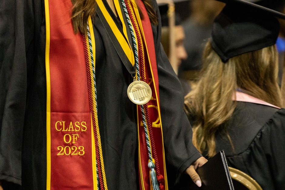 close-up of a class of 2023 stole, cords and medallion