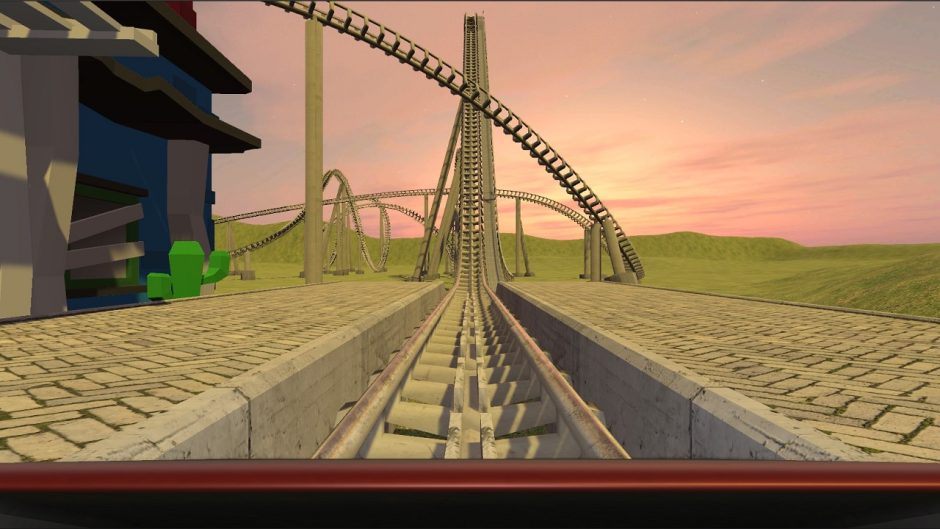 view of a roller coaster in virtual reality from the perspective of the front seat