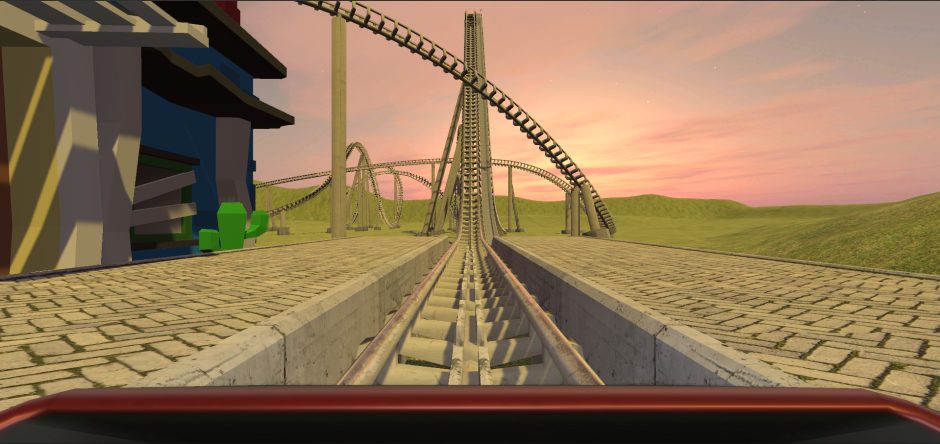 A roller coaster in virtual reality from the perspective of sitting in the first row. 