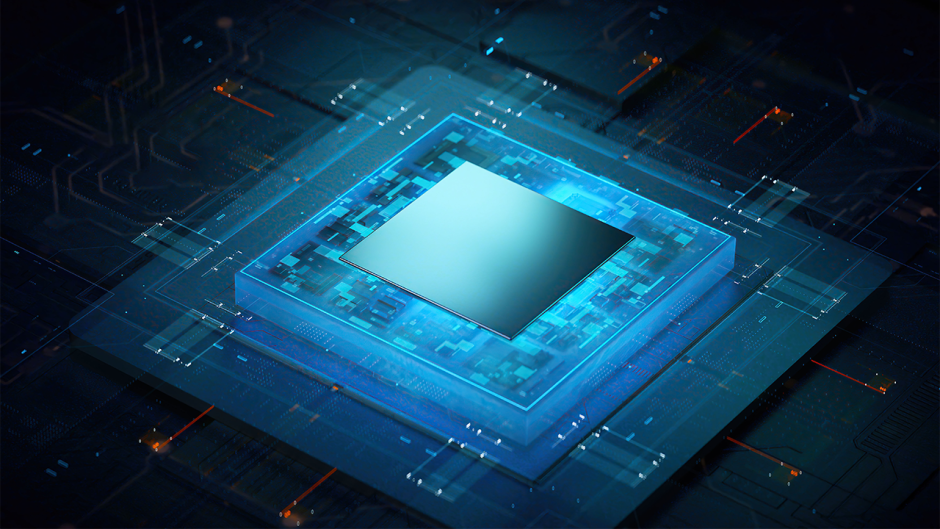 Abstract picture of artificial intelligence with a glowing computer chip in blue surrounded by a black background