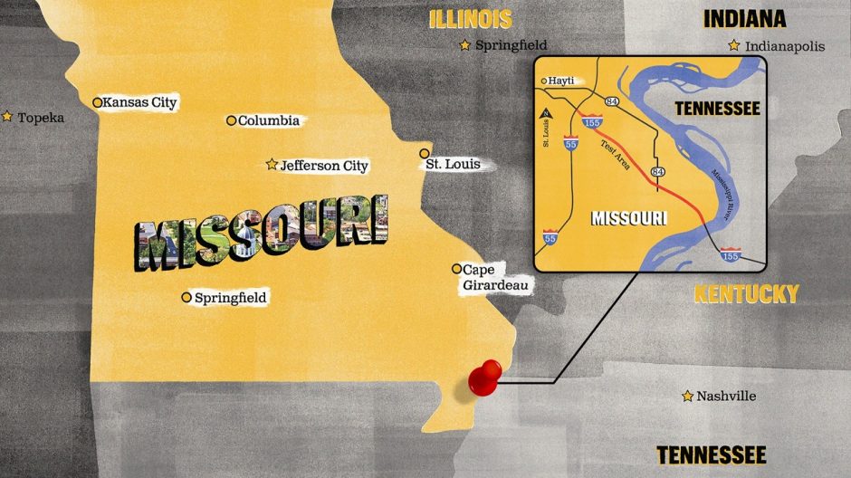 Graphic of the state of Missouri and surrounding states showing a magnified view of Interstate 155 in southeast Missouri