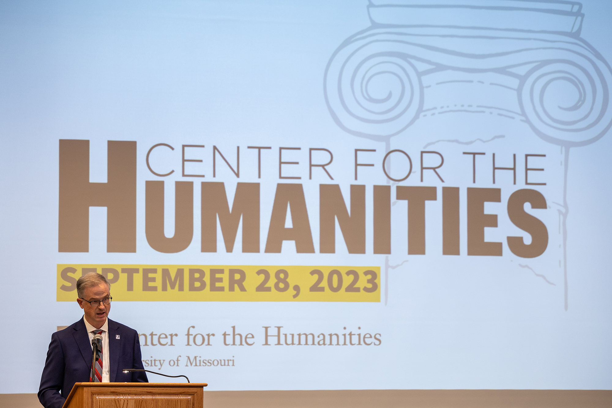 Cooper Drury, dean of the MU College of Arts and Science, addresses the audience during the Center for the Humanities launch at the State Historical Society of Missouri.