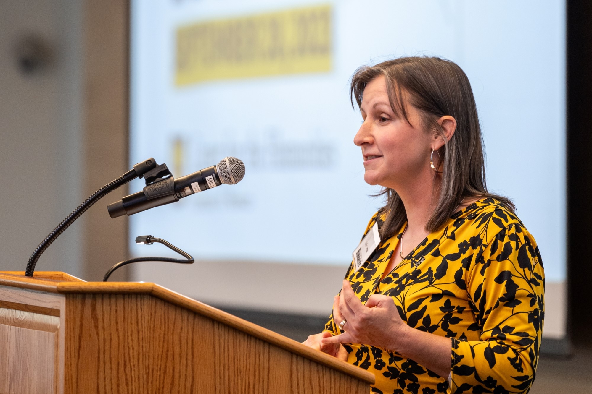 Julie Passanante Elman, director of the Center for the Humanities, addresses the audience during the center's launch at the State Historical Society of Missouri.