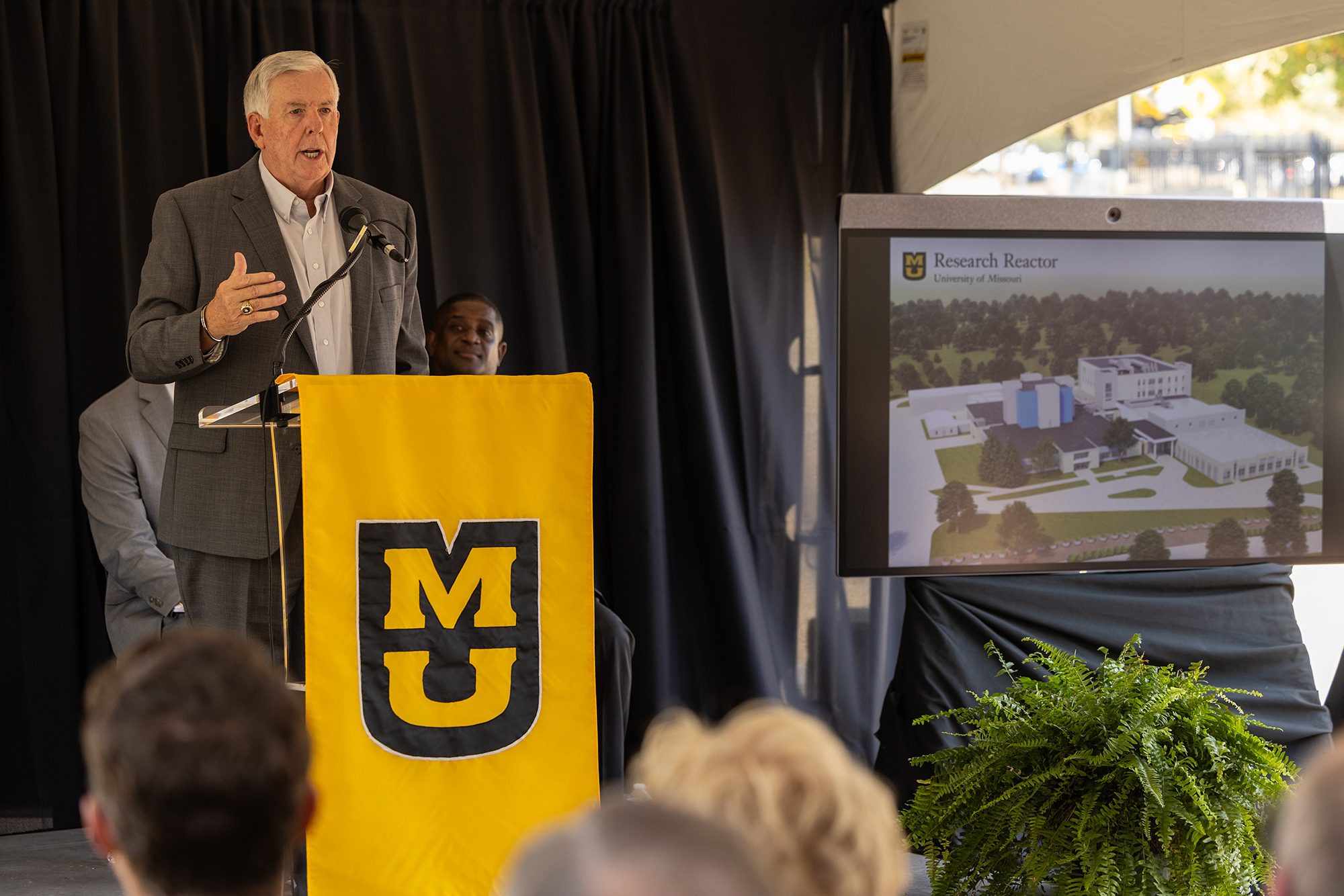 Missouri Gov. Mike Parson highlights the benefits of the University of Missouri Research Reactor during the groundbreaking ceremony for MURR West.