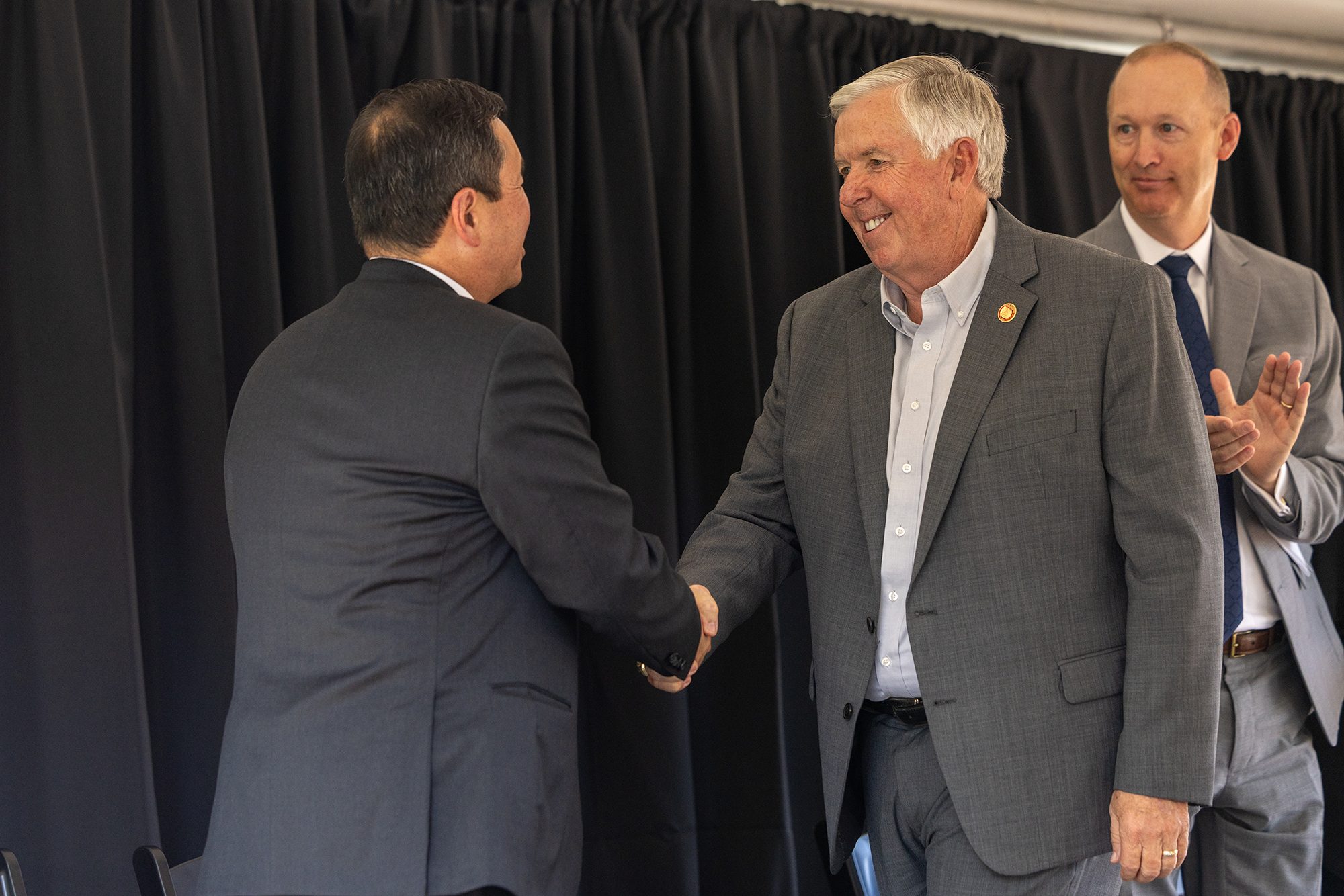 Mun Choi, president of the University of Missouri, thanks Missouri Gov. Mike Parson following his remarks at the groundbreaking ceremony for MURR West.
