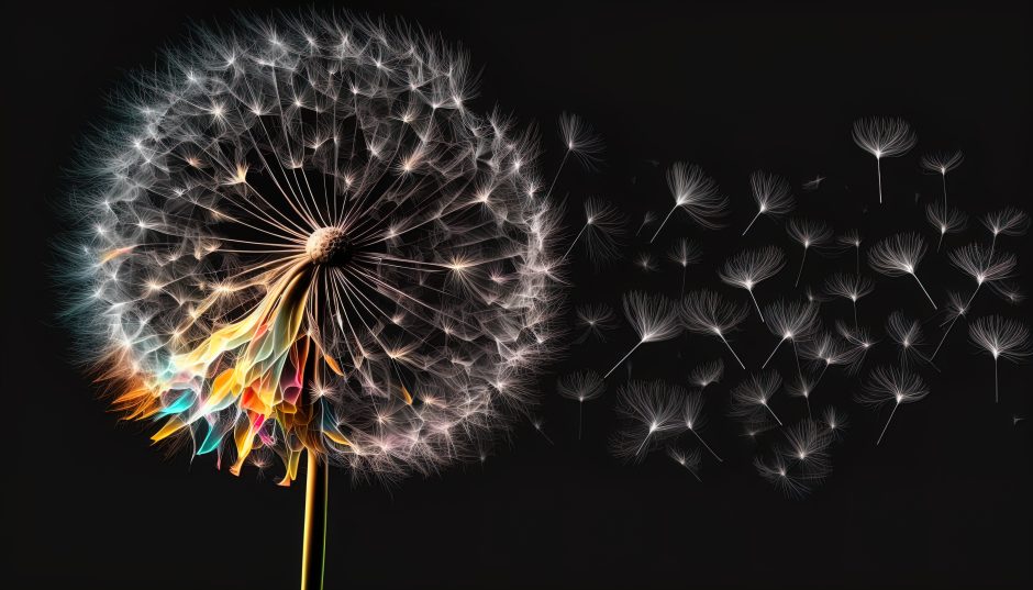 Ai generated image of dandelion seeds leaving the plant