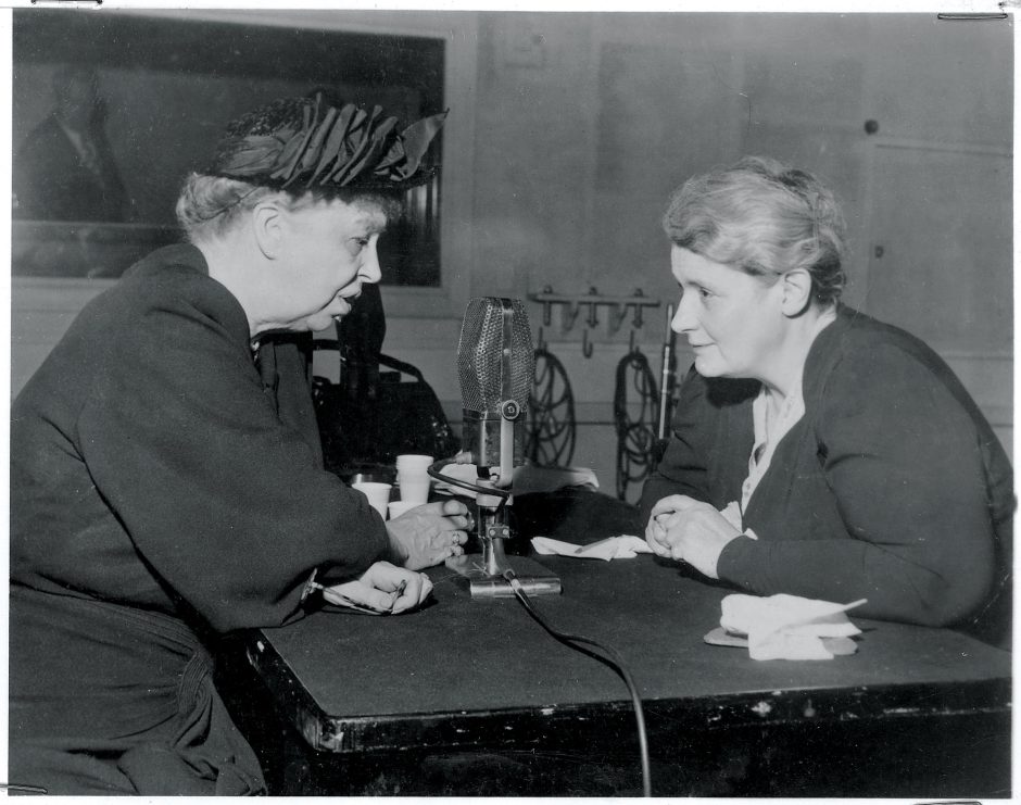historical photo of women interviewing on the radio