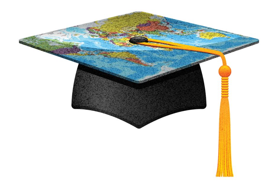 mortar board with map