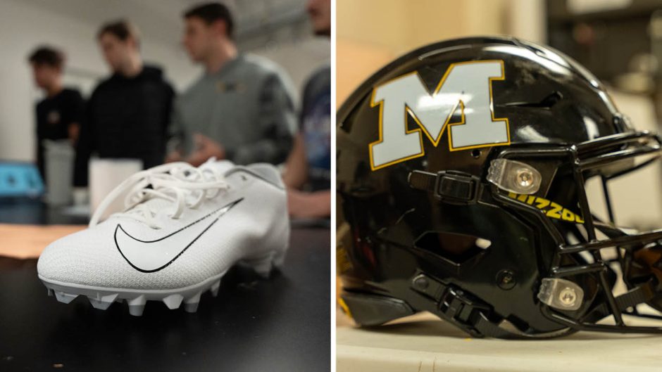 composite of cleats and helmets