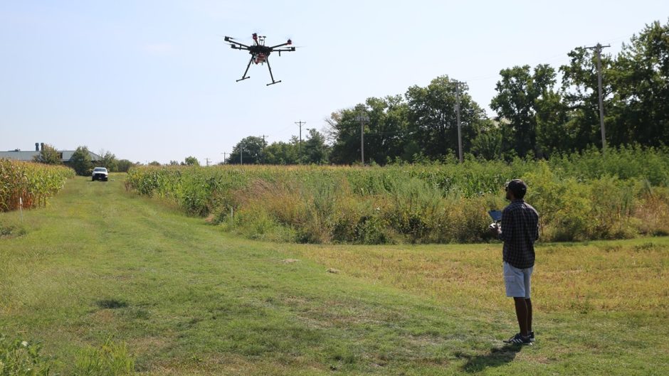 person using a drone in a field