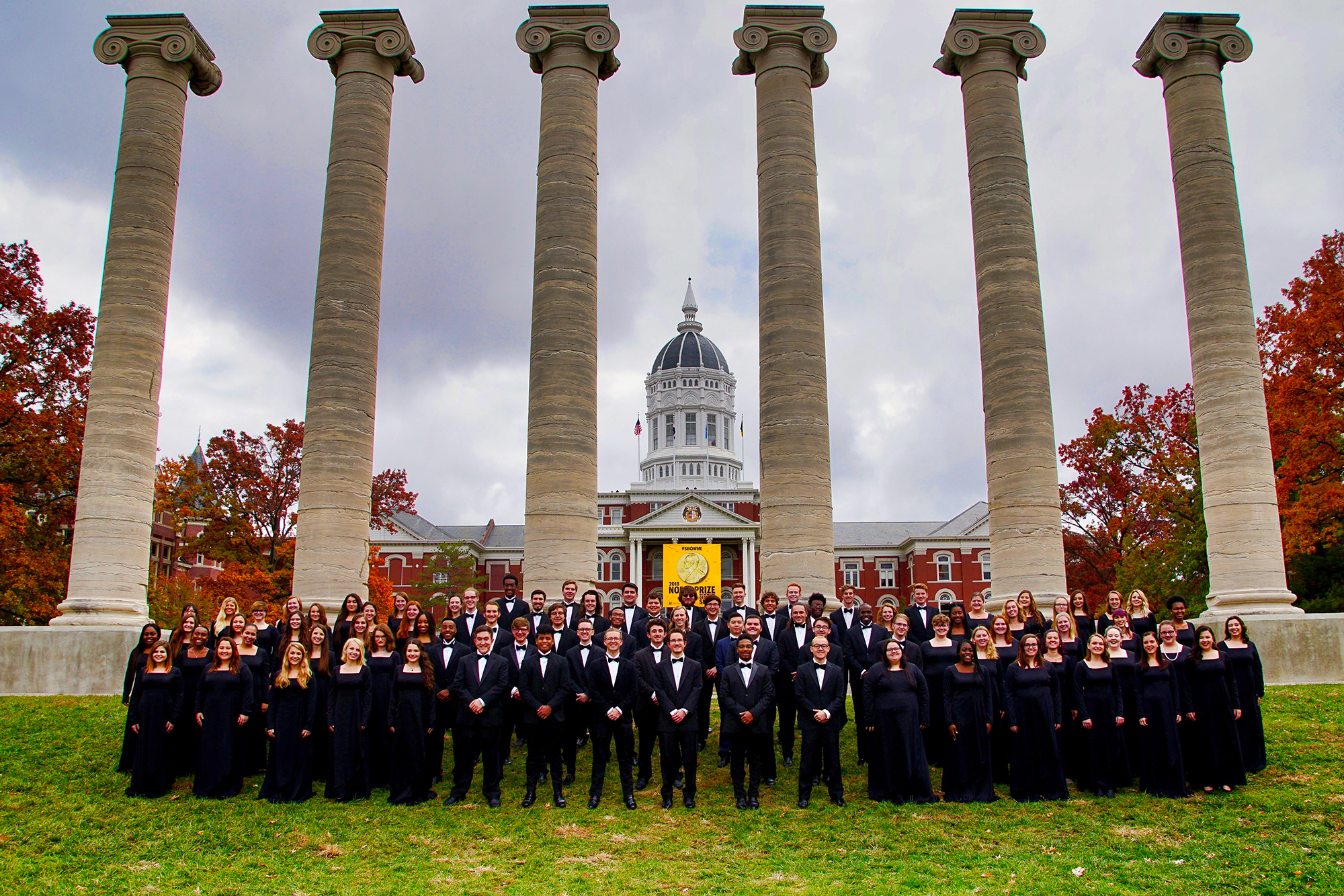 Choir pictured in front of the Columns on the University of Missouri campus