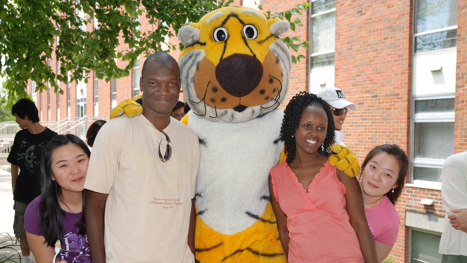 a group of students with truman the tiger