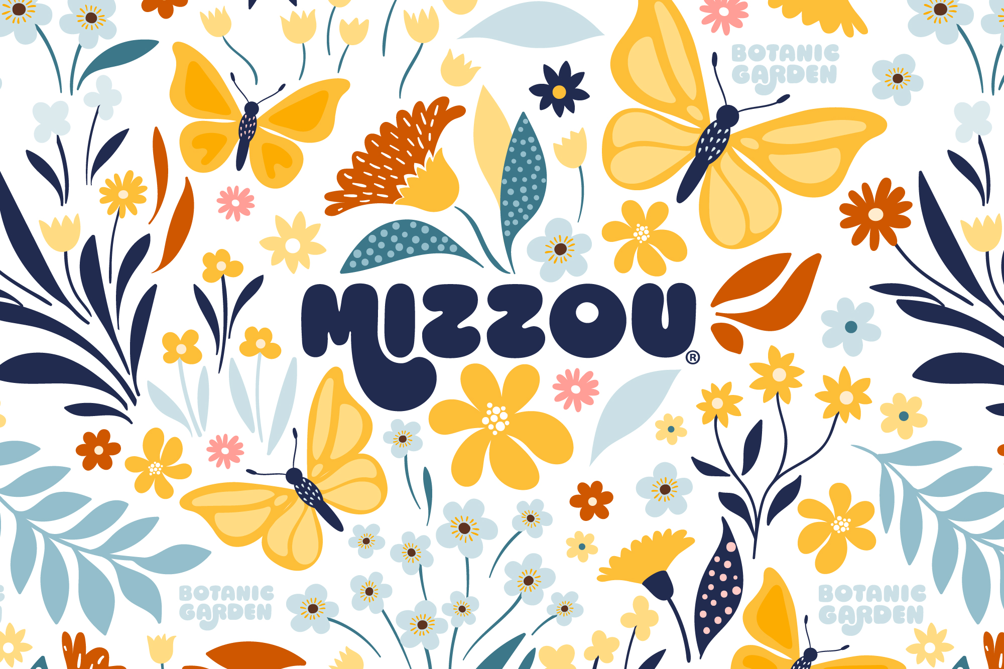 colorful graphic pattern from the mizzou botanic garden line. features butterflies, plants and more