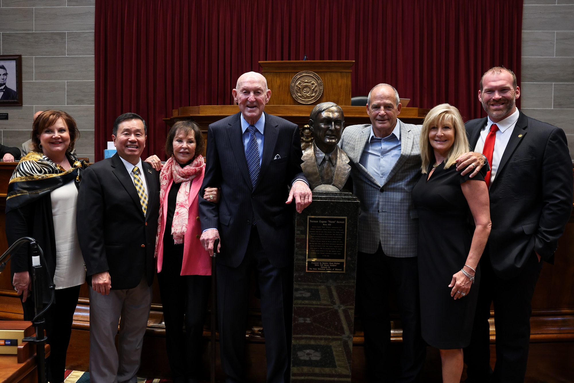Norm Stewart and, from left, Board of Curators Chair Robin Wenneker, President Mun Choi, Virginia Stewart, Gary Pinkel, Missy Pinkel and Rep. Kurtis Gregory.