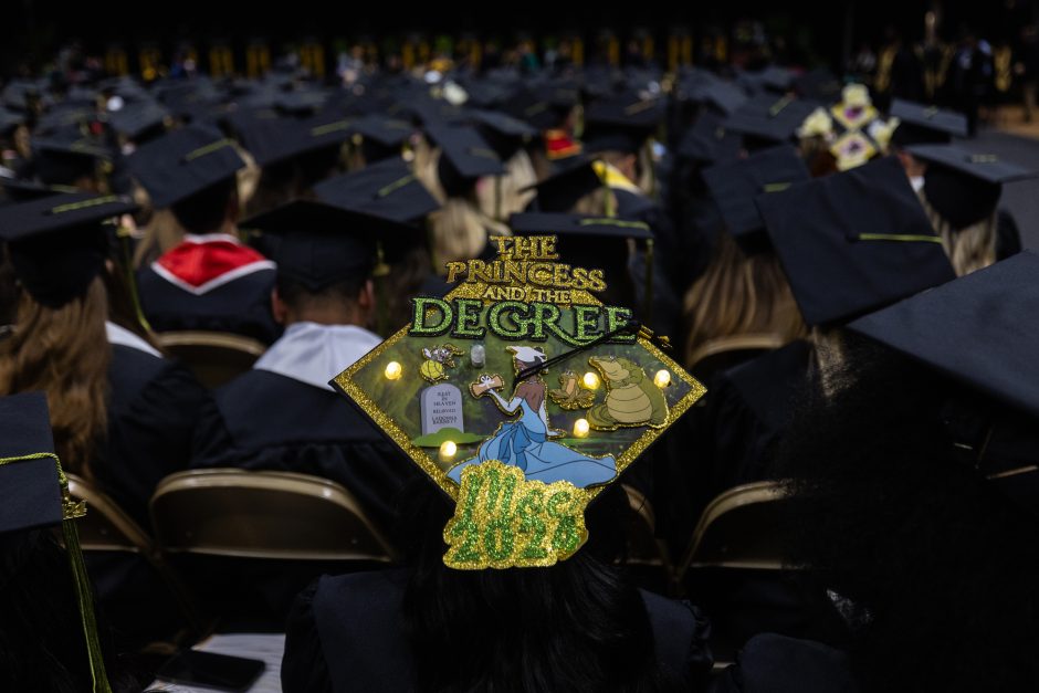 Decorated mortar board with princess and the frog theme