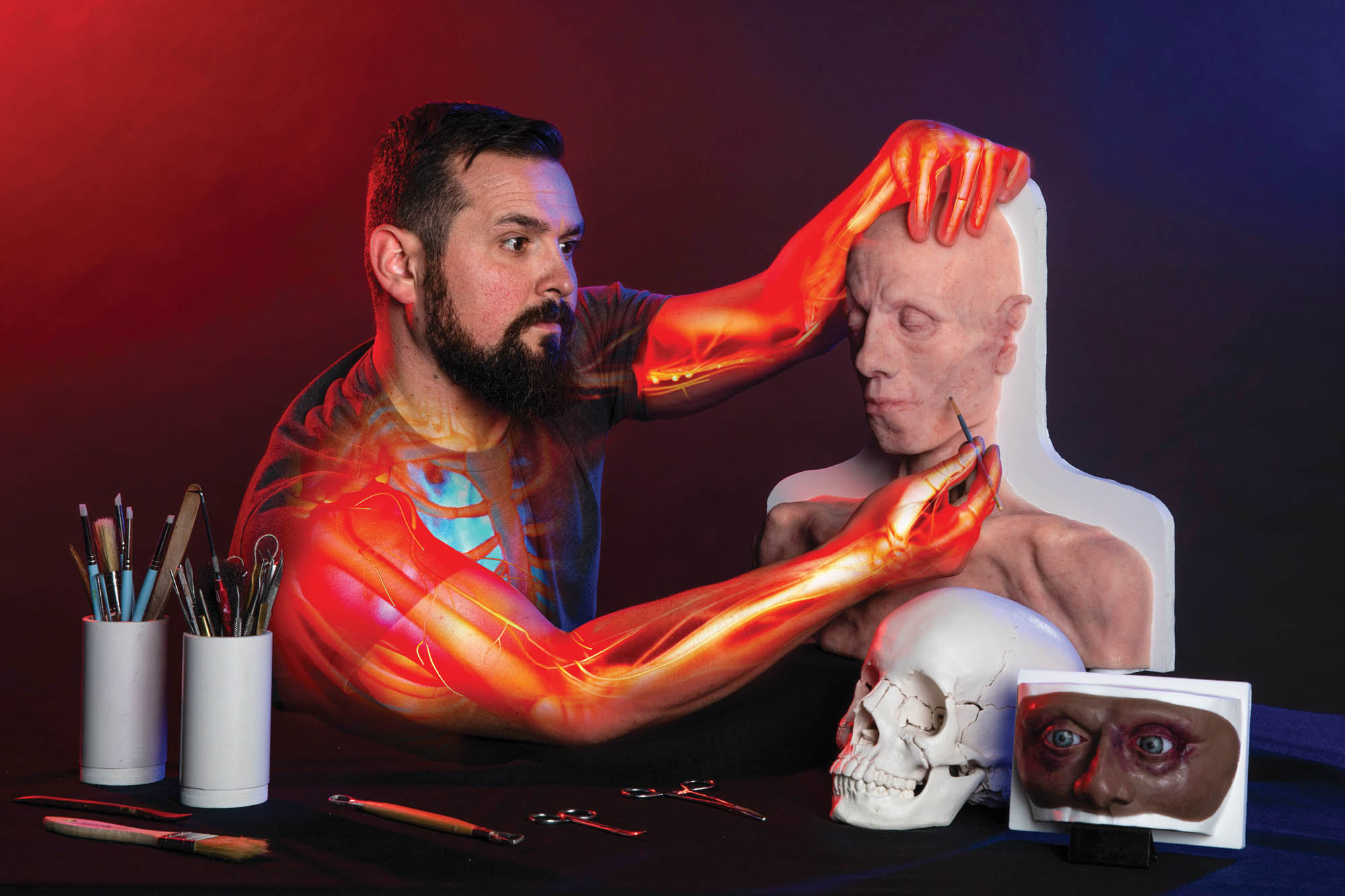 Man works on medical model