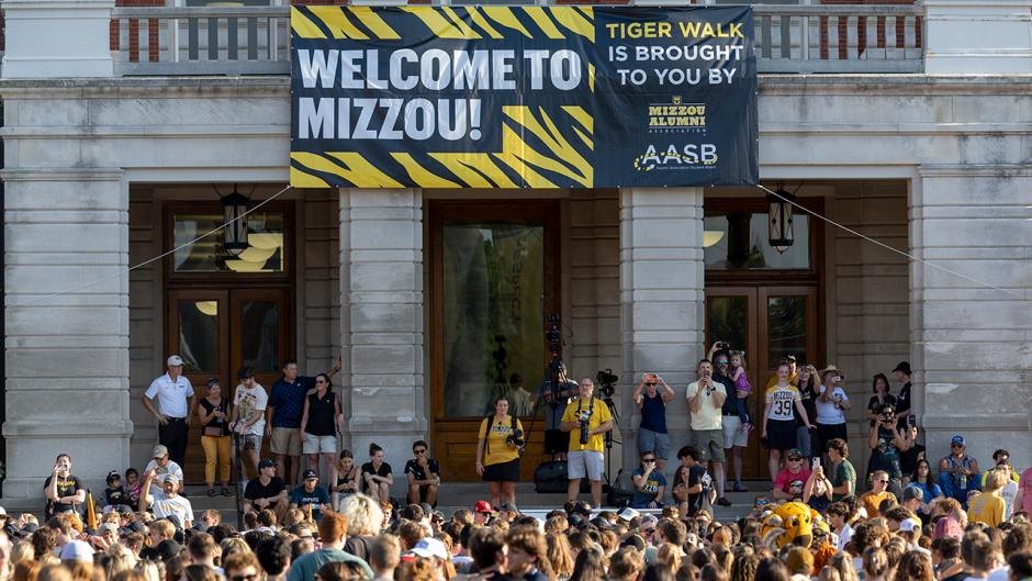 Mizzou students gathering after the annual Tiger Walk.