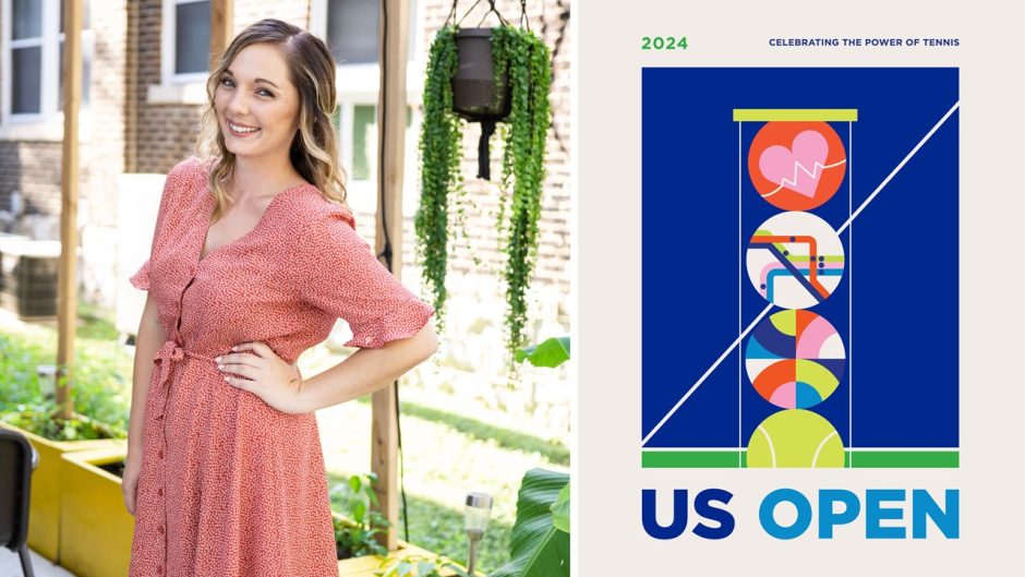 Chelsey Farris next to one of her posters for the US Open - a blue background behind a container of four tennis balls.