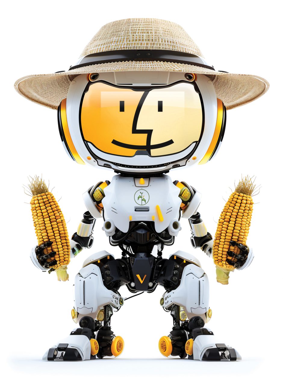 robot farmer holding corn