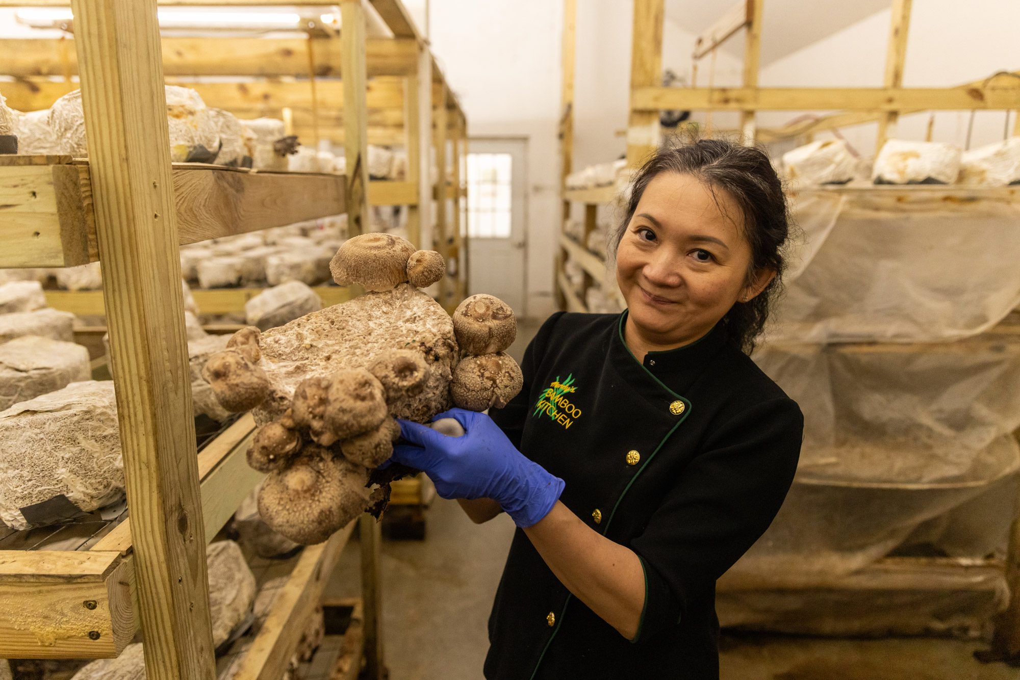 woman holding block of mushrooms