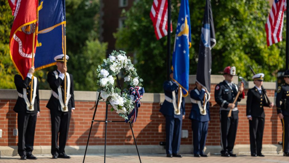 a wreath on a stand