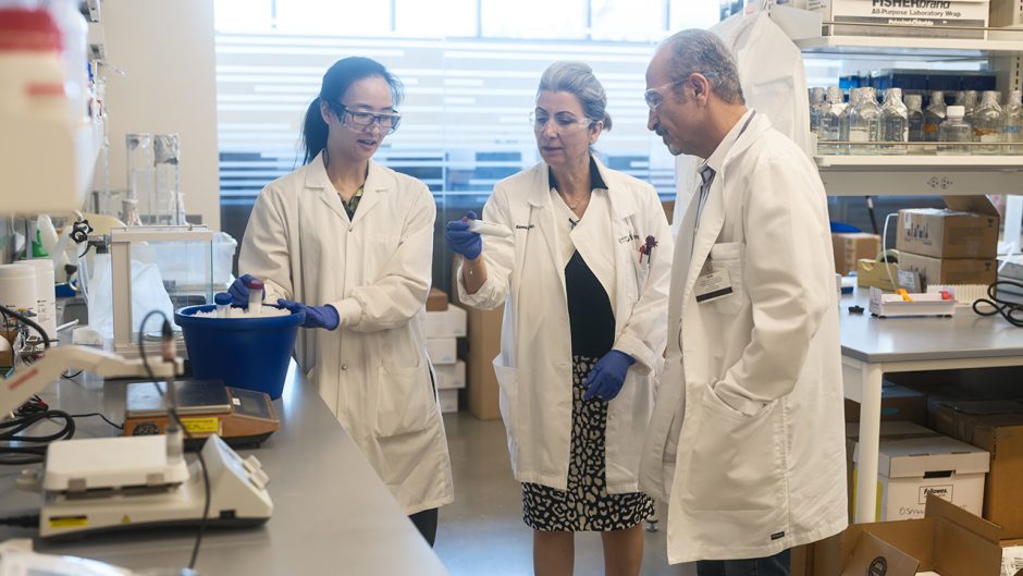 Scientists stand together in the lab