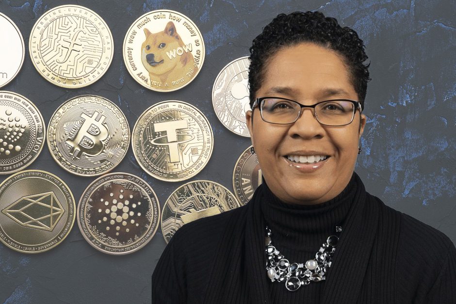 Starla Ivey with cryptocurrency in the background