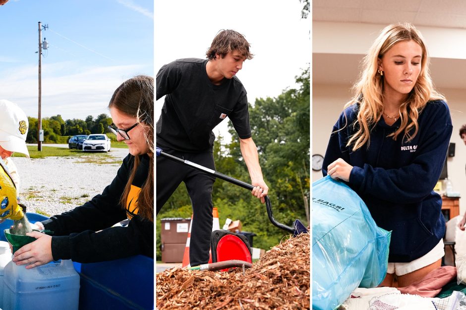 Three photos of students working on a variety of service projects