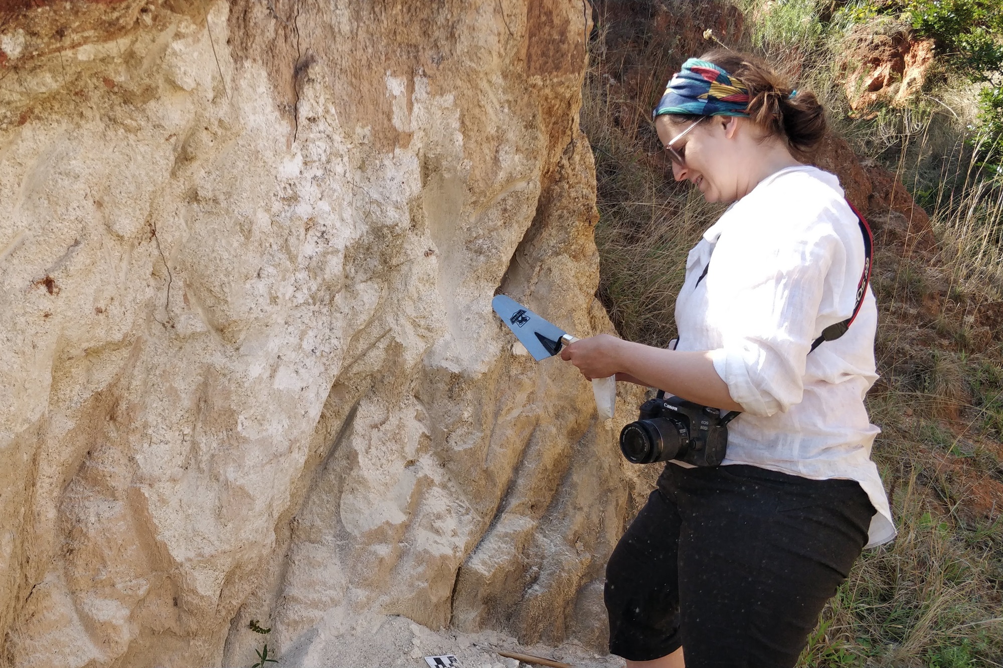 A researcher doing field work in front of a rock wall