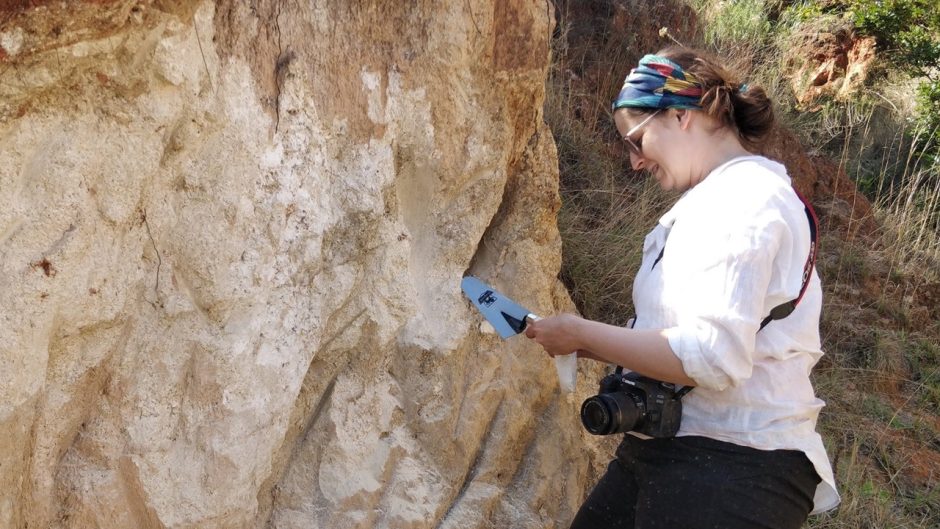 A researcher doing field work in front of a rock wall