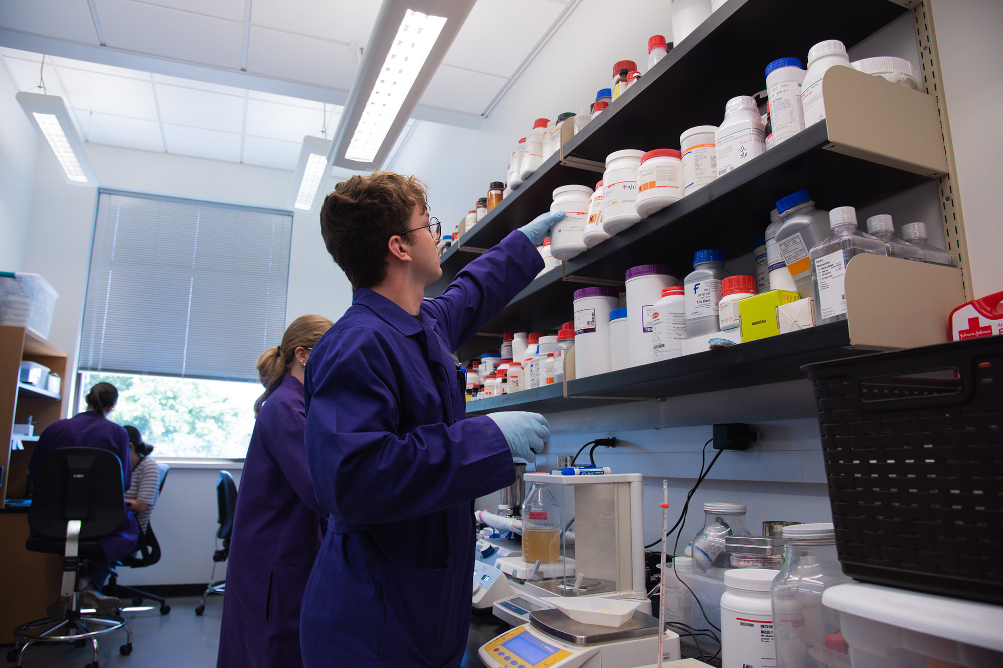 Two students work in Paul de Figueiredo's lab