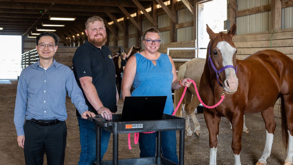 Three people in a barn with a horse