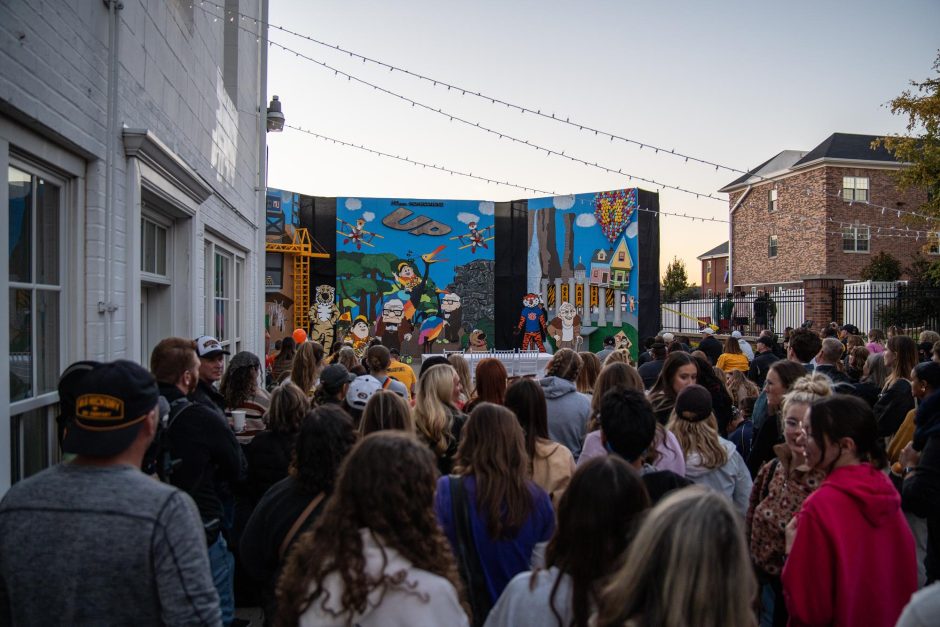 Crowd looks at campus decorations