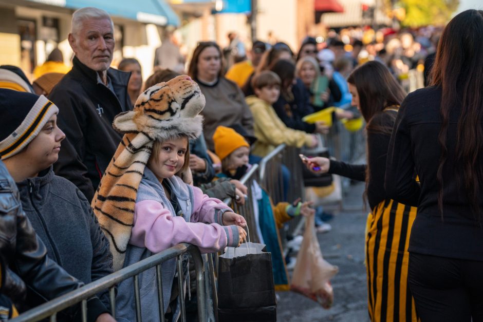 Child in tiger hat on sidelines of parade