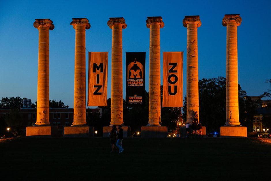 Jesse Hall columns at dusk