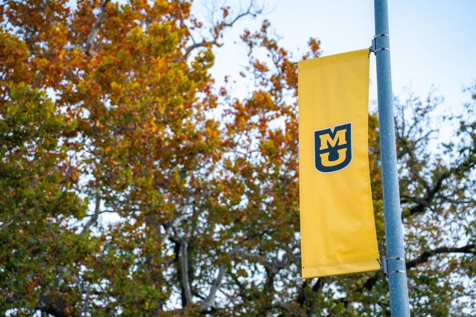 A gold MU flag surrounded by fall leaves