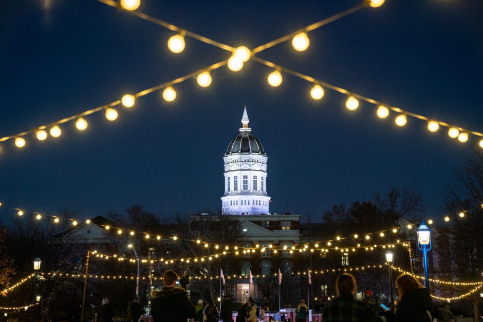 Holiday lights frame Jesse Hall