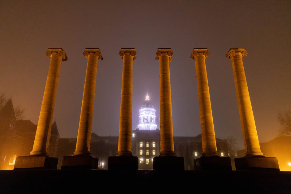 Jesse Hall and the columns at night