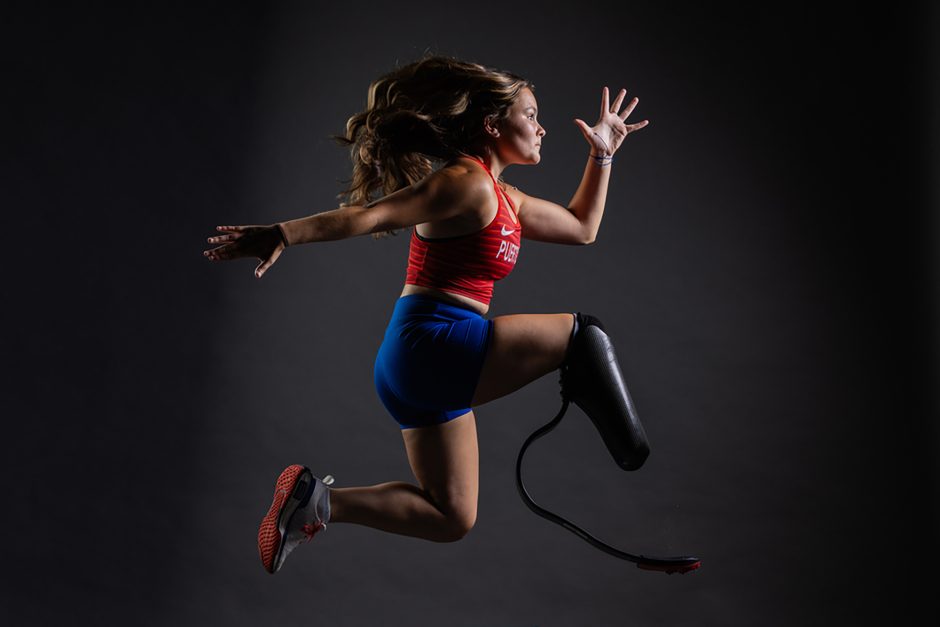 Amputee demonstrating long-jump