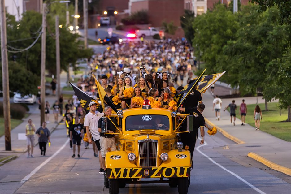 Fire truck with group of people riding